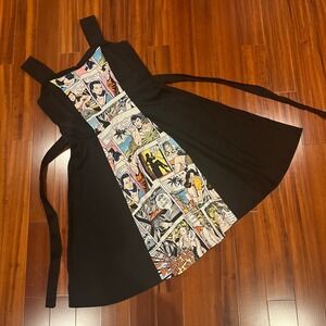 HEMET Comic Strip Dress Black Retro Pin Up ALine Tie Cotton Sleeveless Sz Large